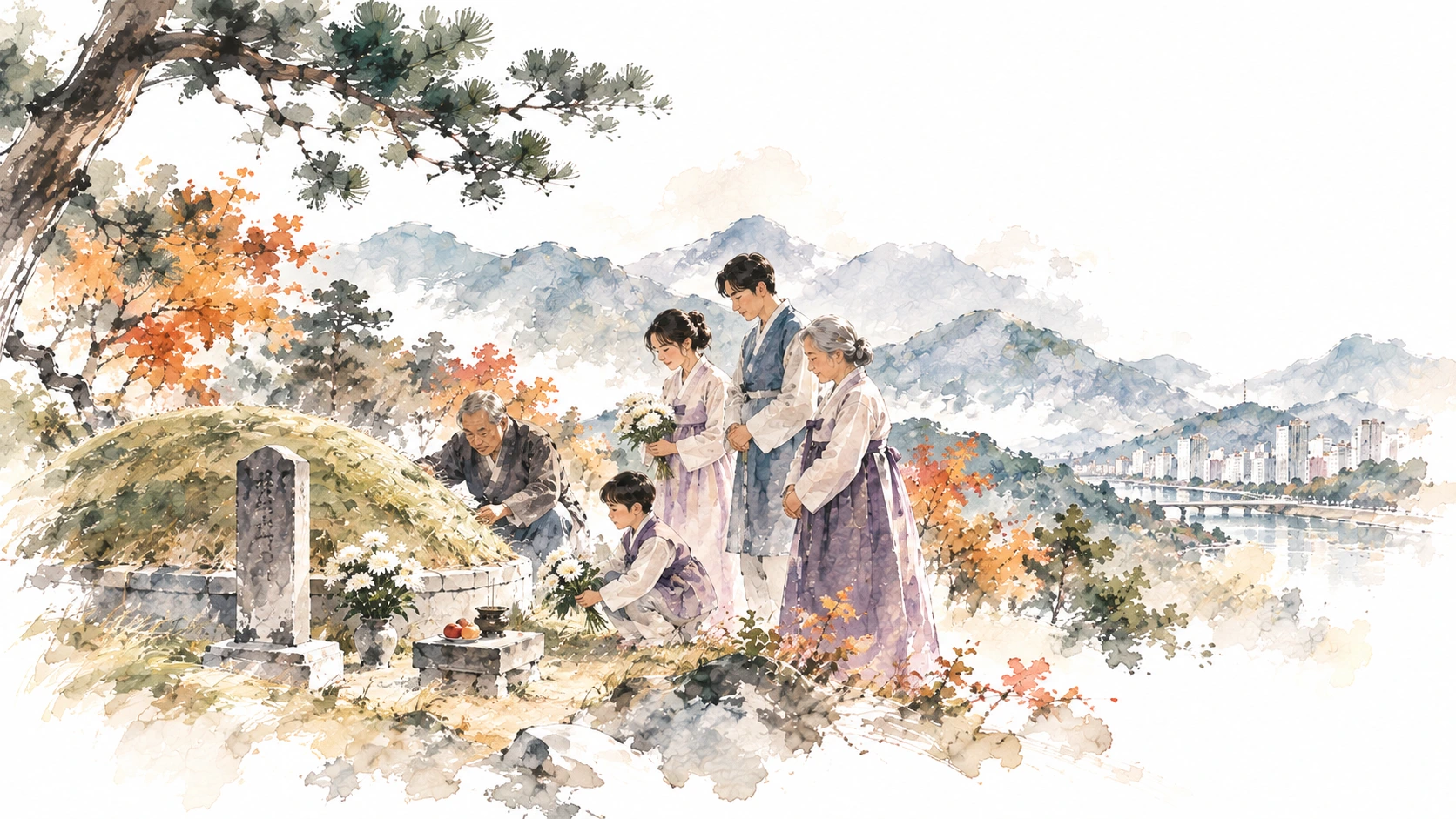 Traditional Korean watercolor scene of a family tending an ancestral burial mound on a hillside during Chuseok, with modern Korea visible in the distance.