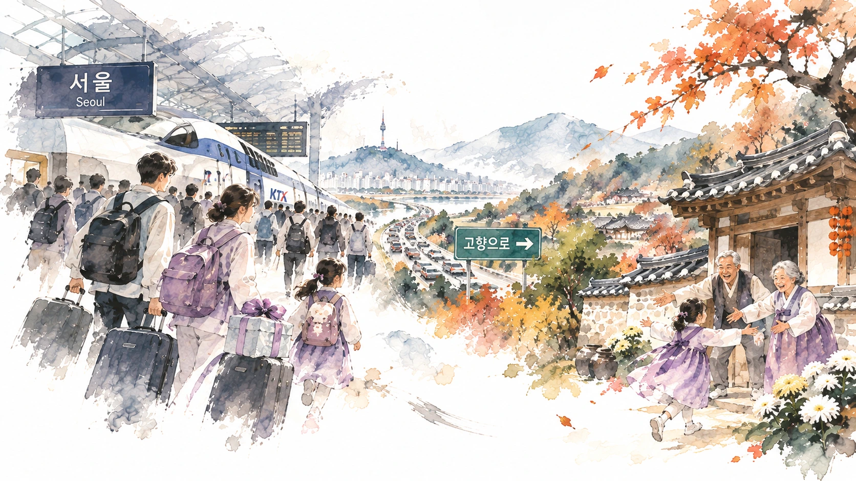 Watercolor illustration of Korean families traveling from modern Seoul toward their hometowns for Chuseok, carrying luggage and holiday gifts.