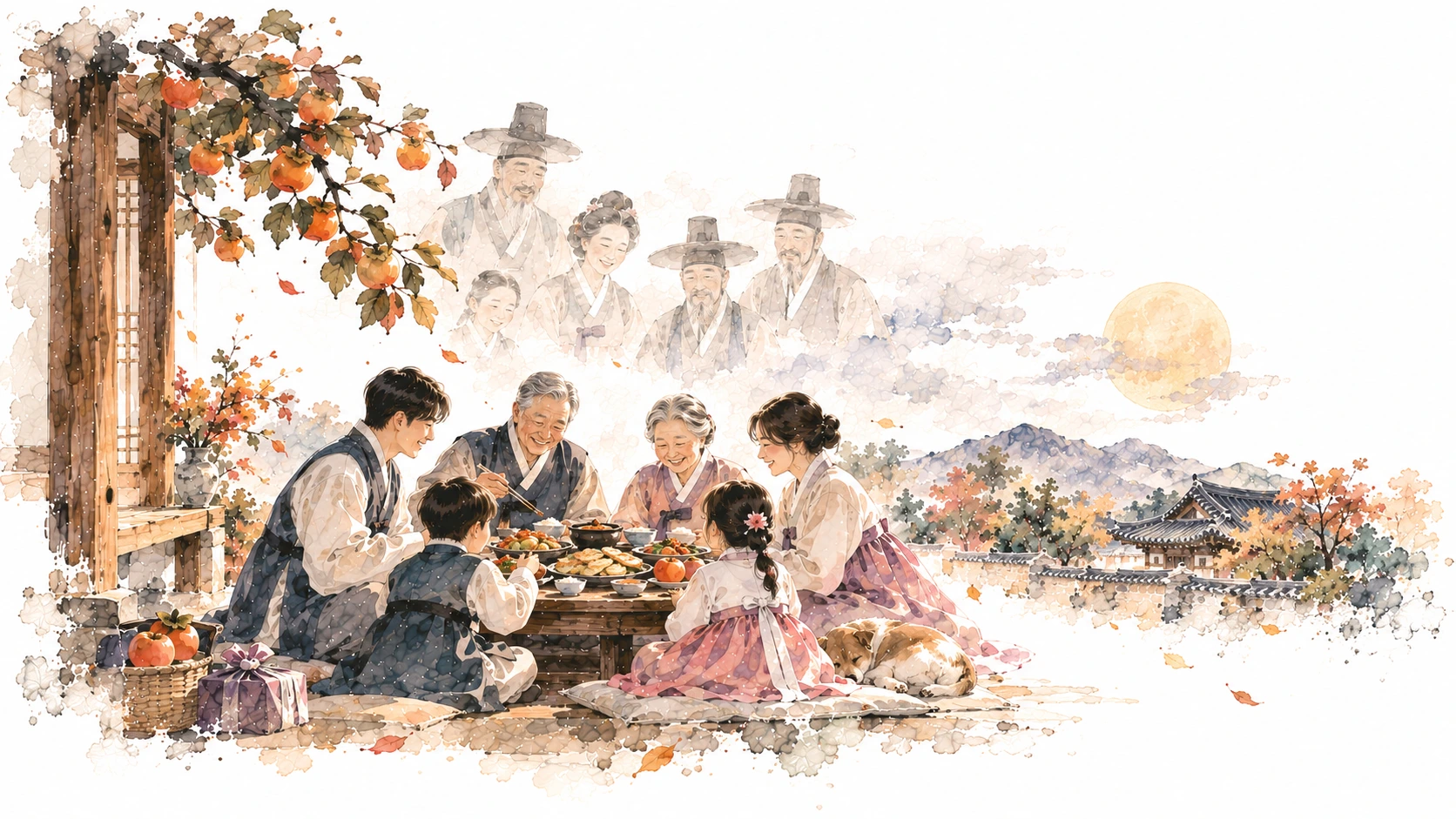 Soft watercolor scene of a modern Korean family sharing a relaxed Chuseok meal in outside, with grandparents, parents and children gathered together.