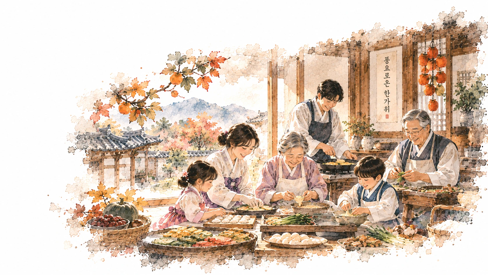 Watercolor illustration of several generations preparing Chuseok food together in a Korean kitchen, showing the work required behind a traditional family gathering.