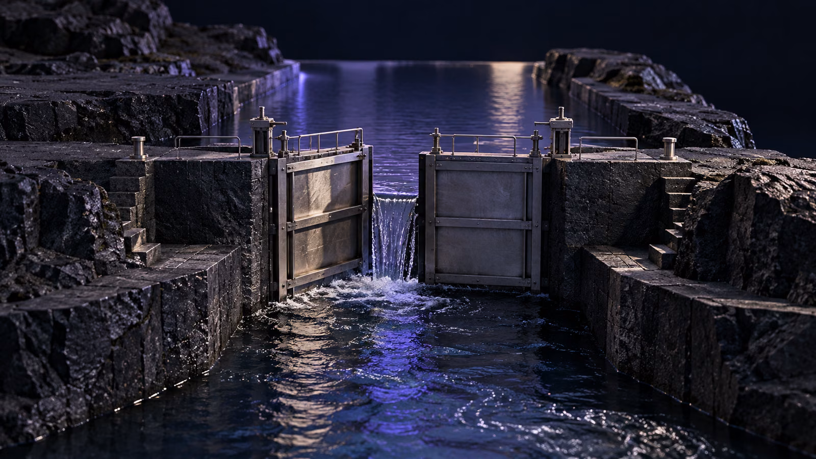 Water passes through partly open metal canal gates set in dark stone.
