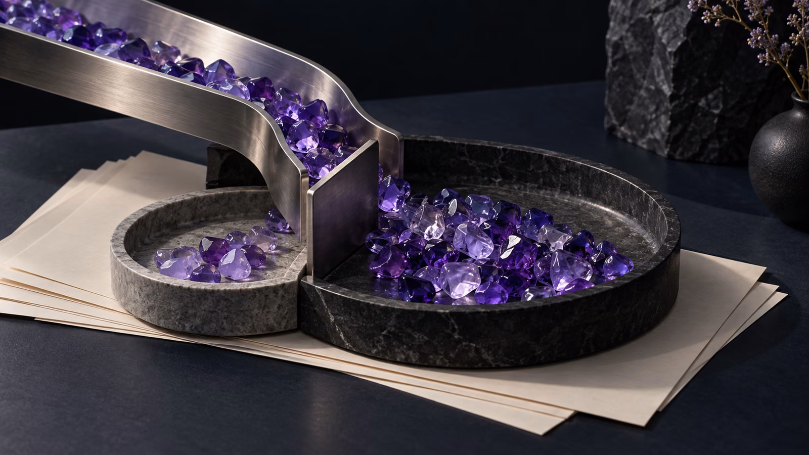 A metal chute separates purple glass pieces into two stone trays on blank paper sheets.