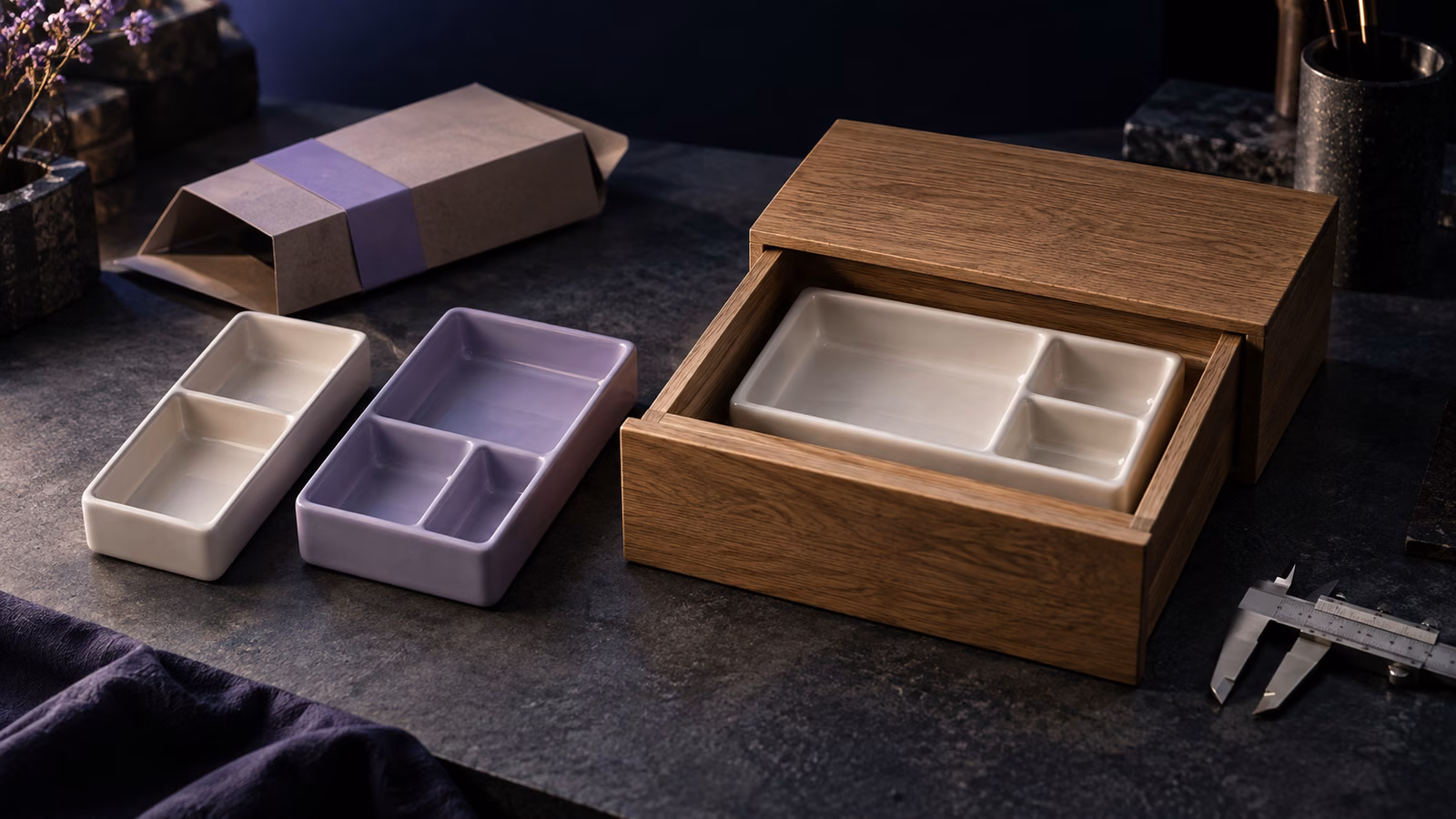 Ceramic storage-tray prototypes beside an open wooden drawer, with one tray fitted inside and calipers nearby.