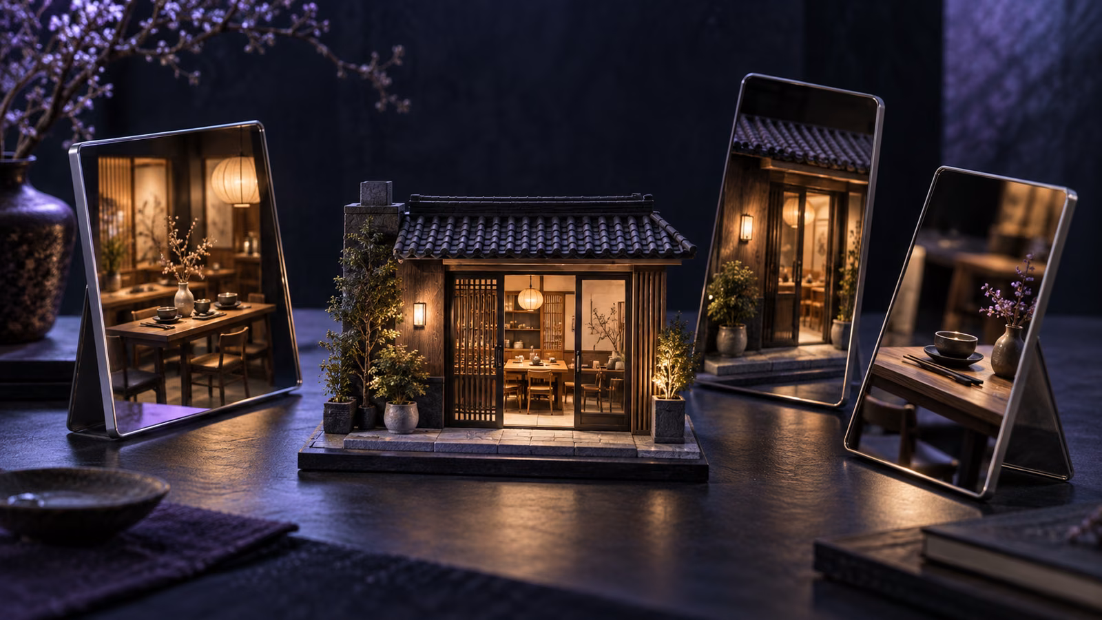 A miniature illuminated restaurant surrounded by three framed views of its interior, entrance and table setting.