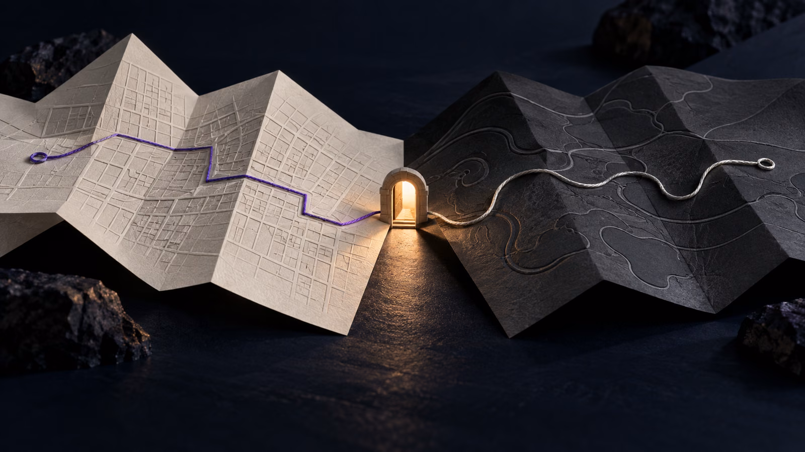 Two folded maps with different route patterns lead violet and silver threads toward one illuminated doorway.