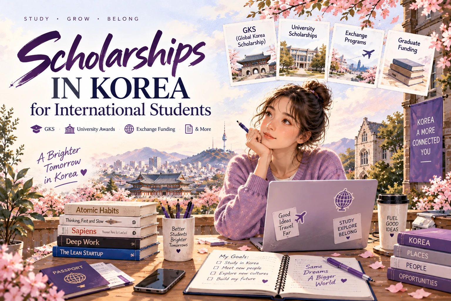 Watercolor illustration of an international student studying at a desk in Seoul, surrounded by scholarship options, books and a university campus view.