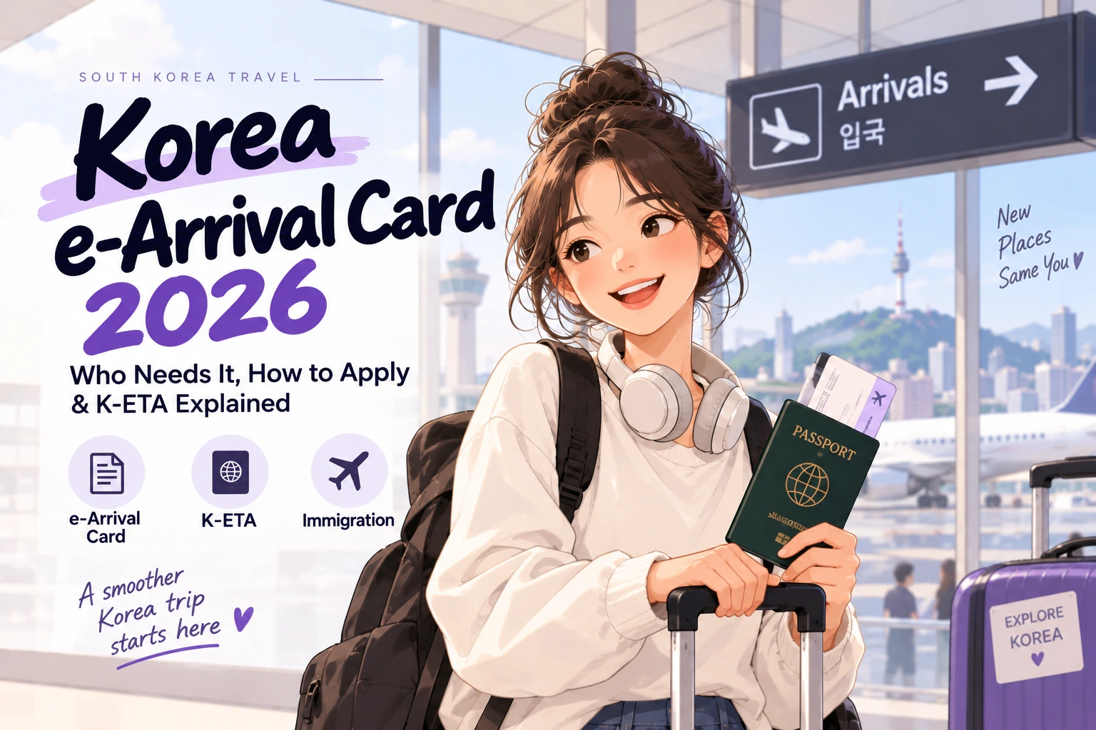AI-generated illustration of a traveler at a Korean airport holding her passport and luggage beside text explaining Korea’s e-Arrival Card 2026 and K-ETA.