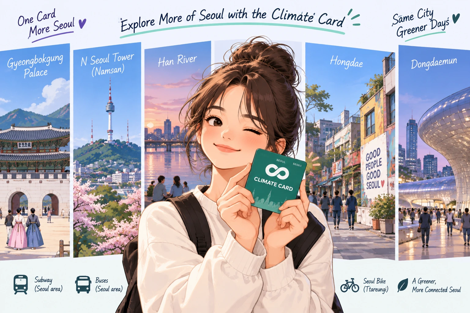 AI-generated illustration of a traveler holding a green Seoul Climate Card in front of postcard-style scenes of Gyeongbokgung Palace, N Seoul Tower, the Han River, Hongdae, and Dongdaemun.