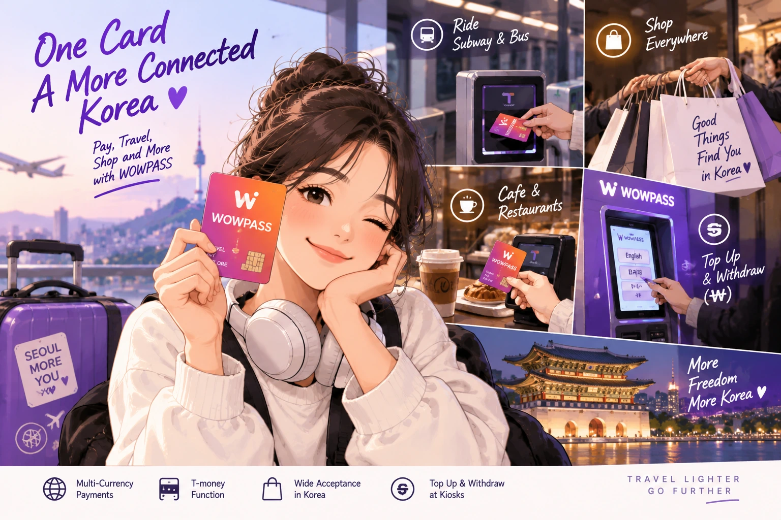AI-generated illustration of a traveler holding a WOWPASS card beside scenes of subway travel, shopping, restaurants, kiosks, and Seoul landmarks, showing its payment and T-money functions.