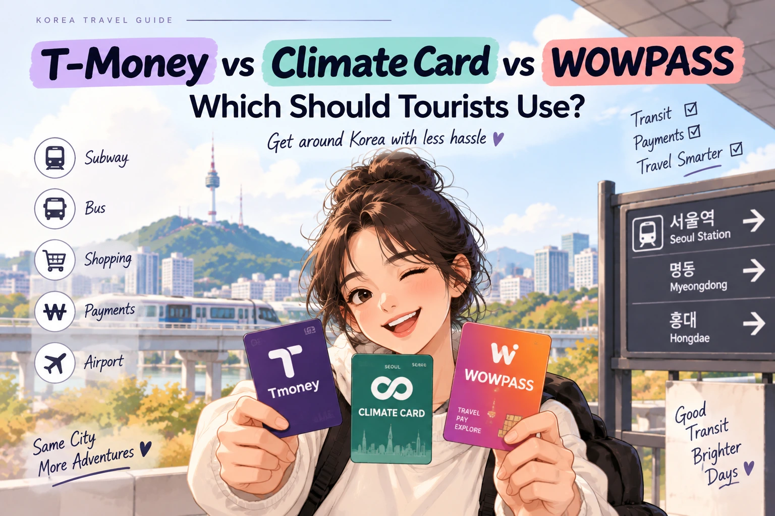 AI-generated illustration of a tourist in Seoul holding T-money, Climate Card, and WOWPASS cards, with subway, bus, shopping, payment, and airport icons in the background.