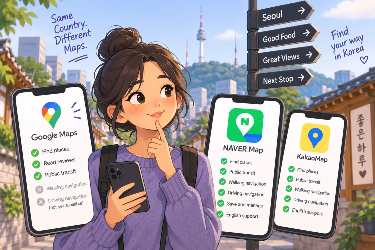 AI-generated illustration of a traveler in Seoul comparing Google Maps, NAVER Map, and KakaoMap, with navigation features shown against a Korean city backdrop.
