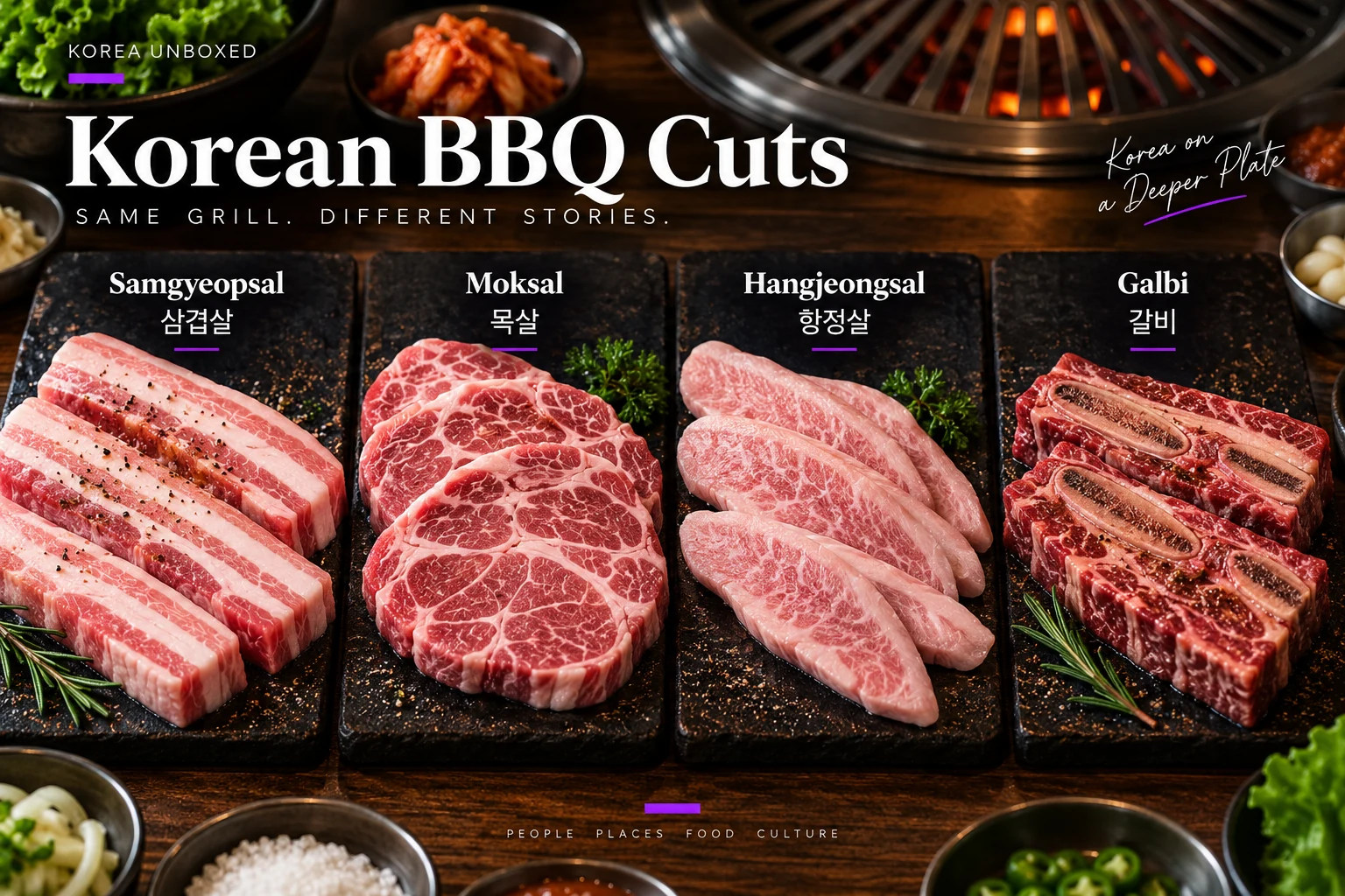 Editorial comparison of four Korean BBQ cuts labeled in English and Korean: samgyeopsal, moksal, hangjeongsal, and galbi, arranged on dark serving boards at a Korean barbecue table.