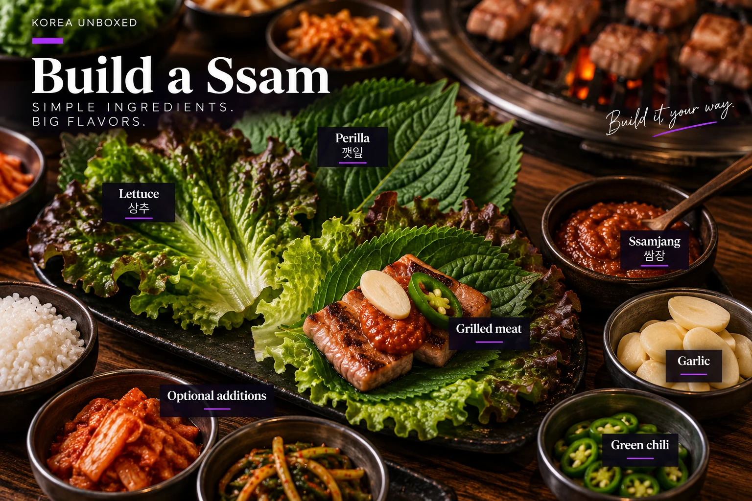 Editorial infographic showing how to build a Korean BBQ ssam with lettuce, perilla leaf, grilled meat, ssamjang, garlic, and green chili, with rice, kimchi, and other optional additions around the table.