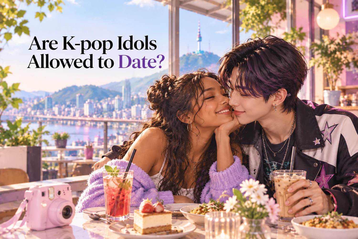 AI-generated editorial illustration of a non-Korean woman and a stylish Korean male idol sharing a cute café date in Seoul, with N Seoul Tower in the background.