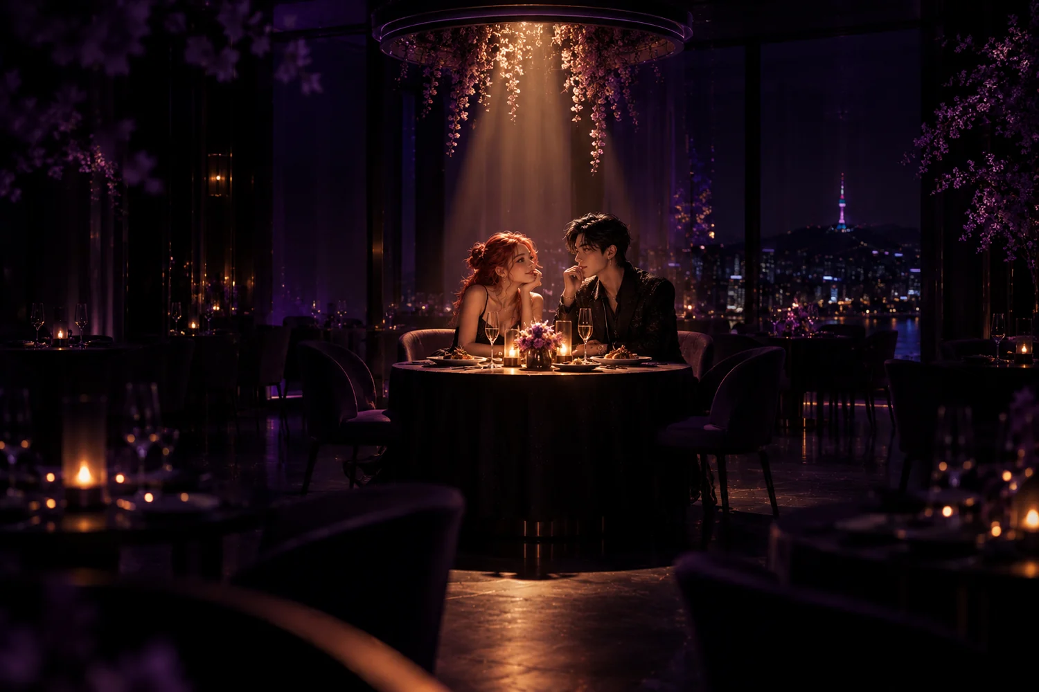 AI-generated editorial illustration of a red-haired foreign woman and a stylish Korean idol sharing an intimate dinner under a spotlight in an otherwise dark, empty Seoul restaurant.