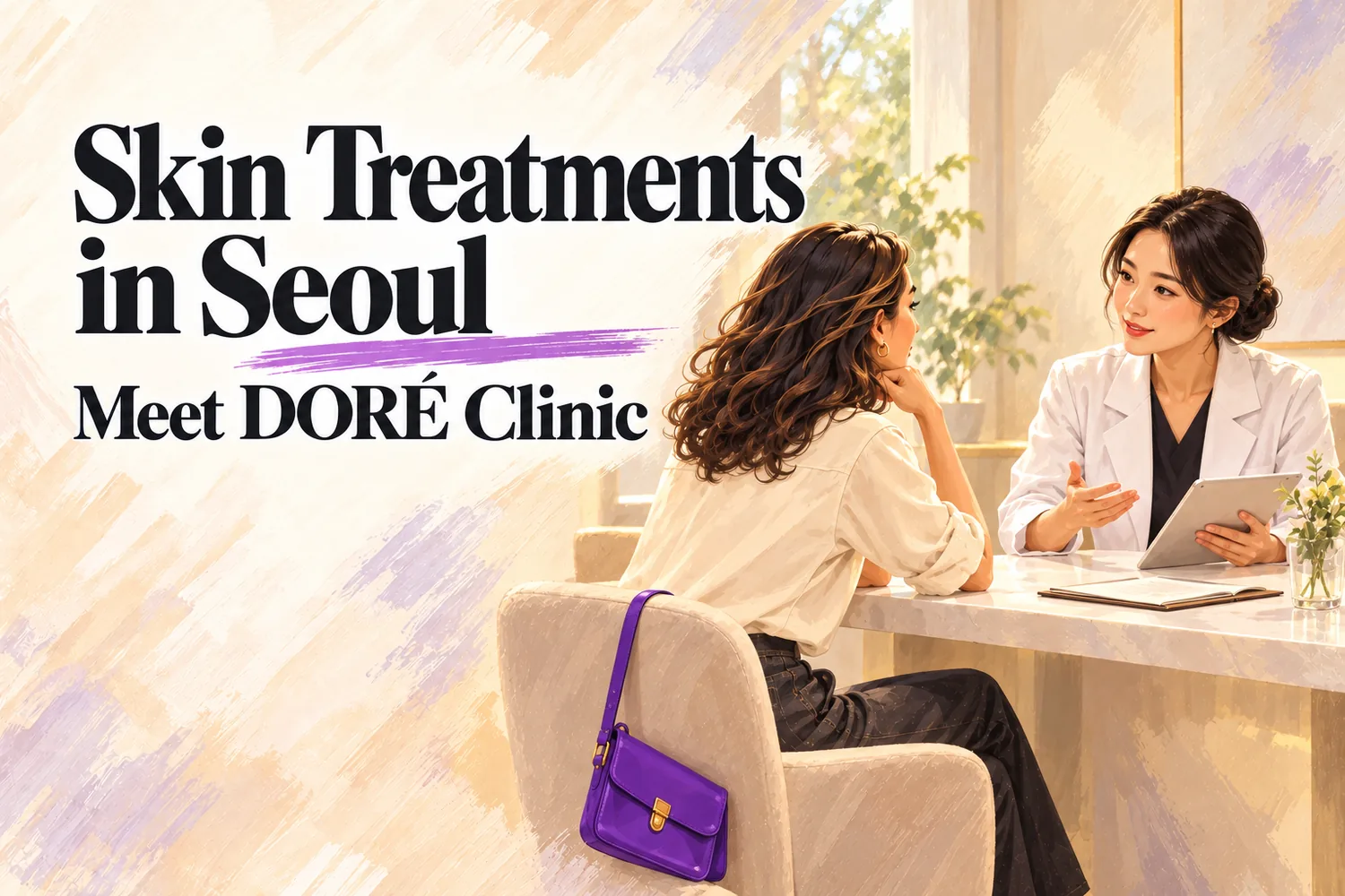 AI-generated conceptual illustration of a traveler discussing a skin consultation, titled Skin Treatments in Seoul and Meet DORÉ Clinic.
