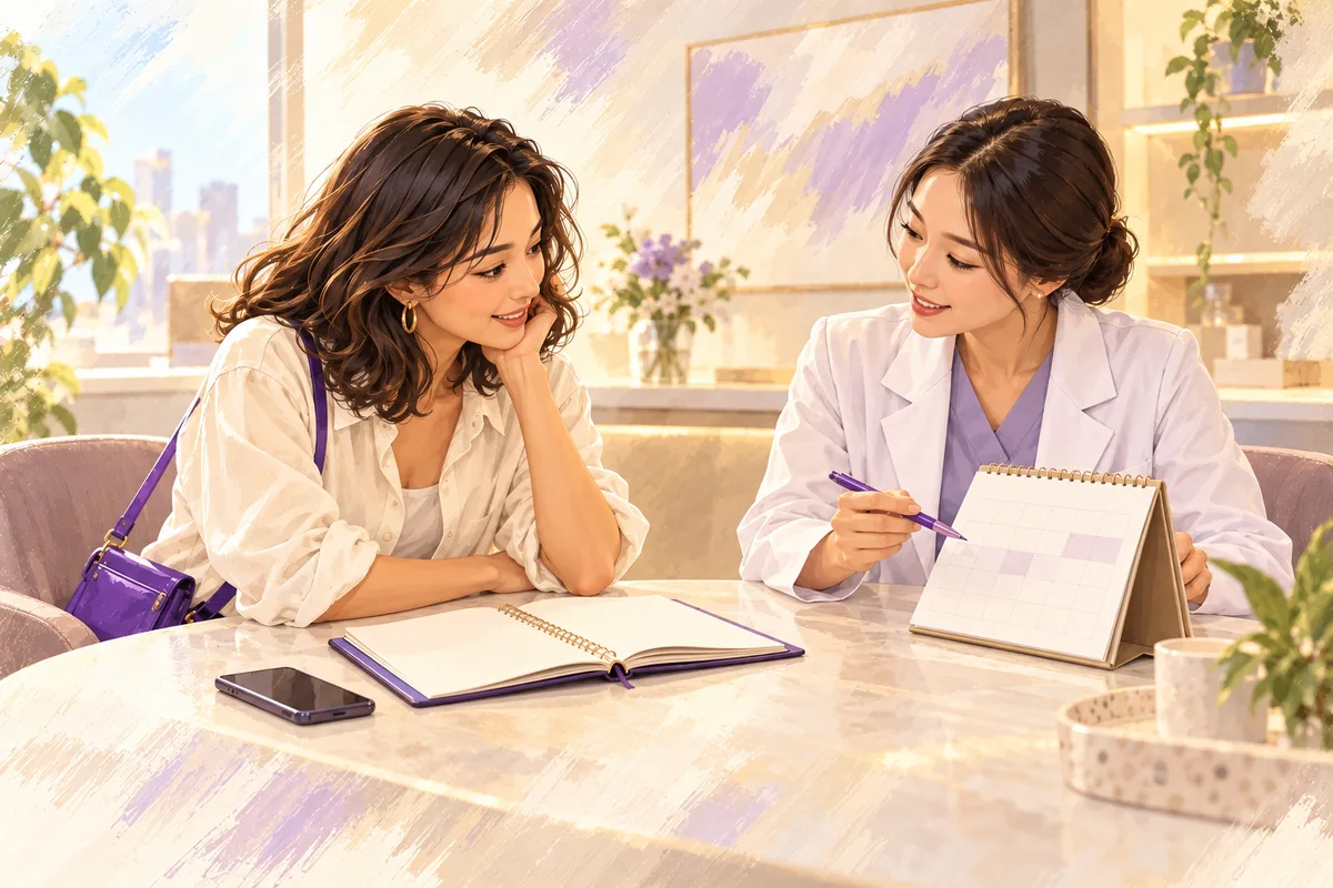 AI-generated conceptual illustration of a traveler and clinician discussing a calendar and travel plans before treatment.