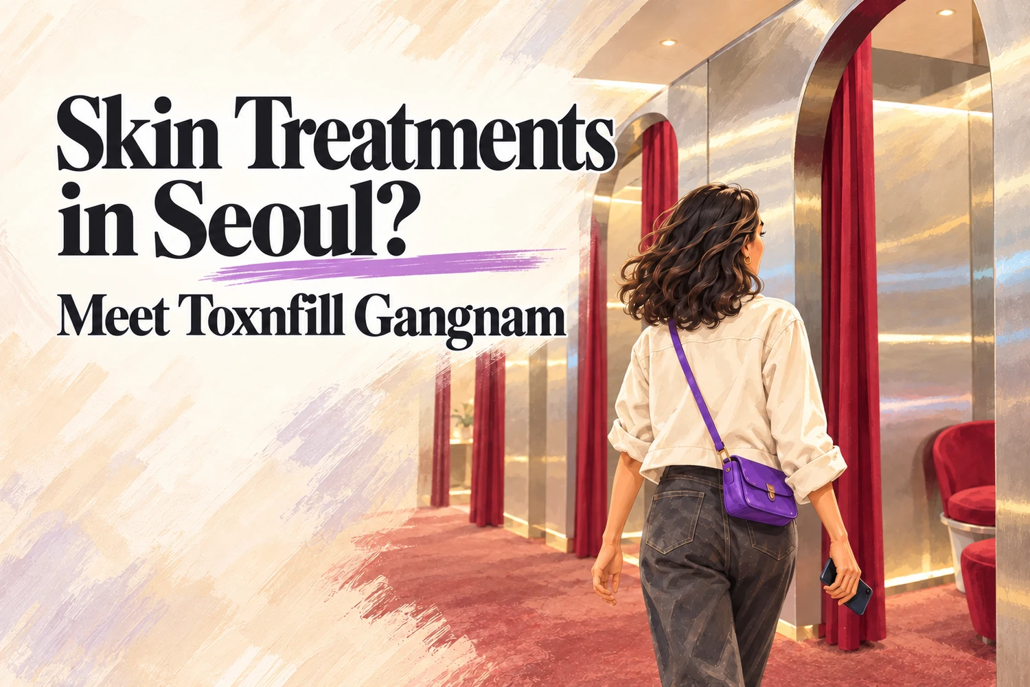 AI-generated illustration of a fictional traveler in a clinic-inspired corridor, titled Skin Treatments in Seoul? Meet Toxnfill Gangnam.