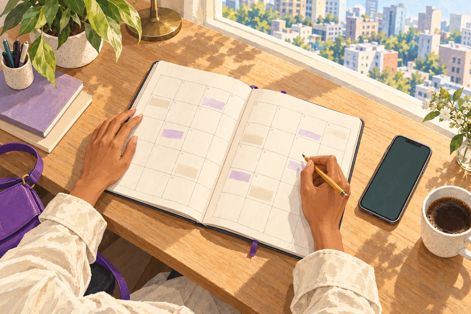 AI-generated overhead illustration of a traveler planning her trip in an open calendar beside a phone and city-facing window.