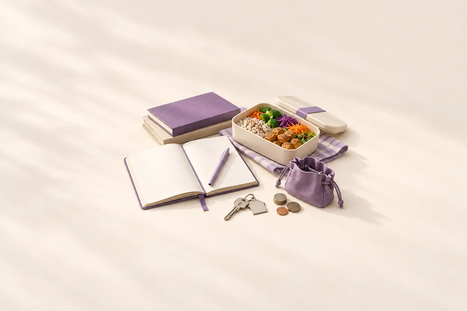 AI-generated conceptual illustration of study notebooks, a lunch box, a house key and a coin pouch representing education and living costs.