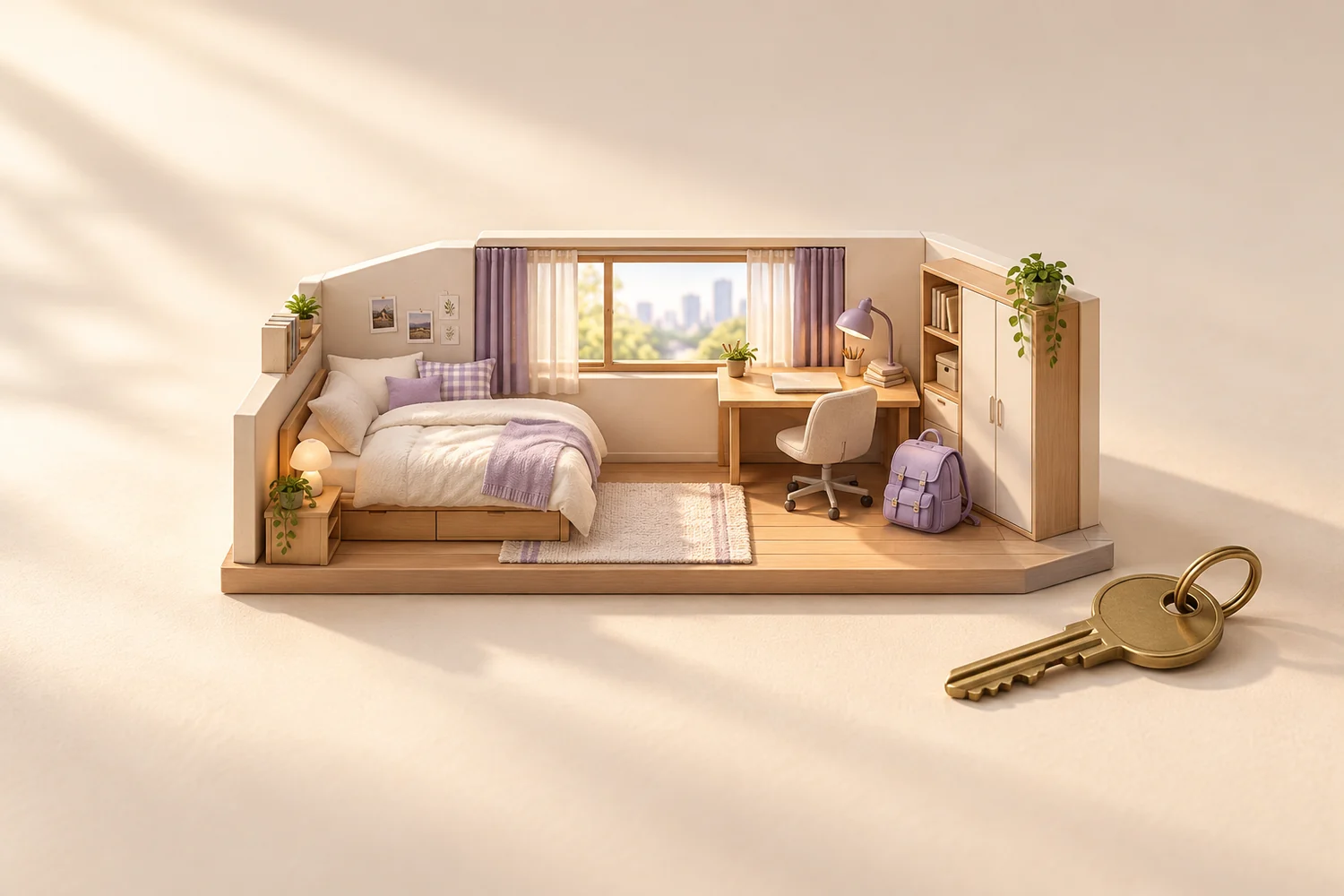AI-generated conceptual illustration of a furnished student room with a bed, desk, wardrobe, and key
