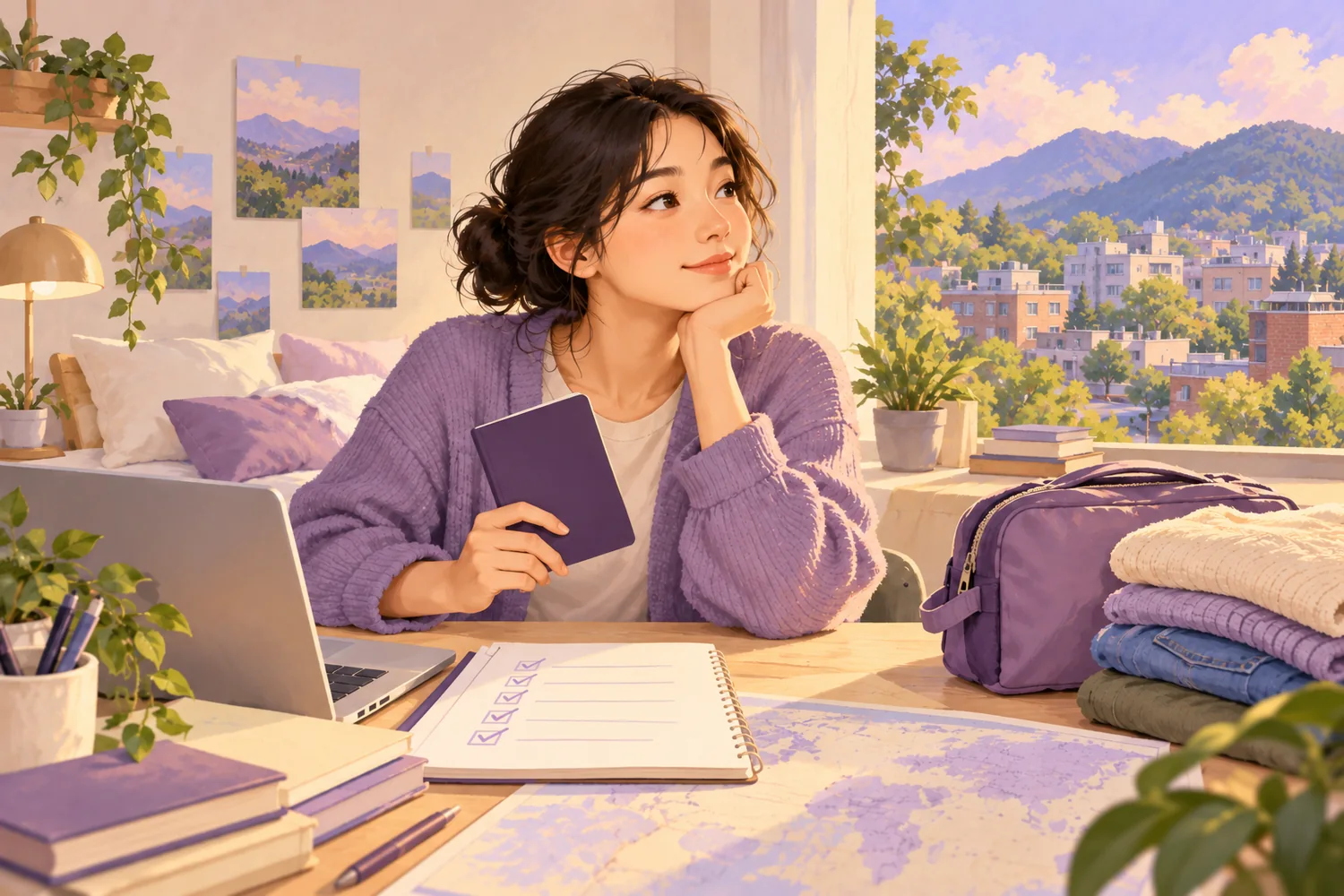 AI-generated illustration of a fictional student preparing a checklist and travel bag after university acceptance.