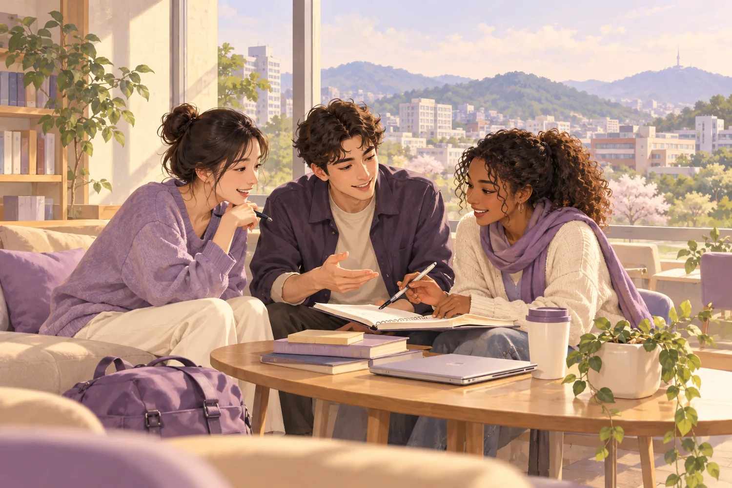 AI-generated illustration of fictional students discussing study choices in an imaginary university lounge.