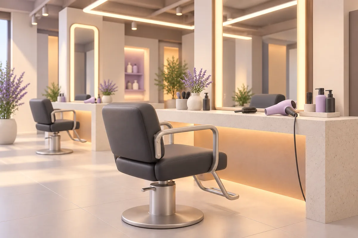 AI-generated conceptual illustration of salon chairs, illuminated mirrors, a stone counter and hair tools, inspired by PARKJUN Myeongdong.