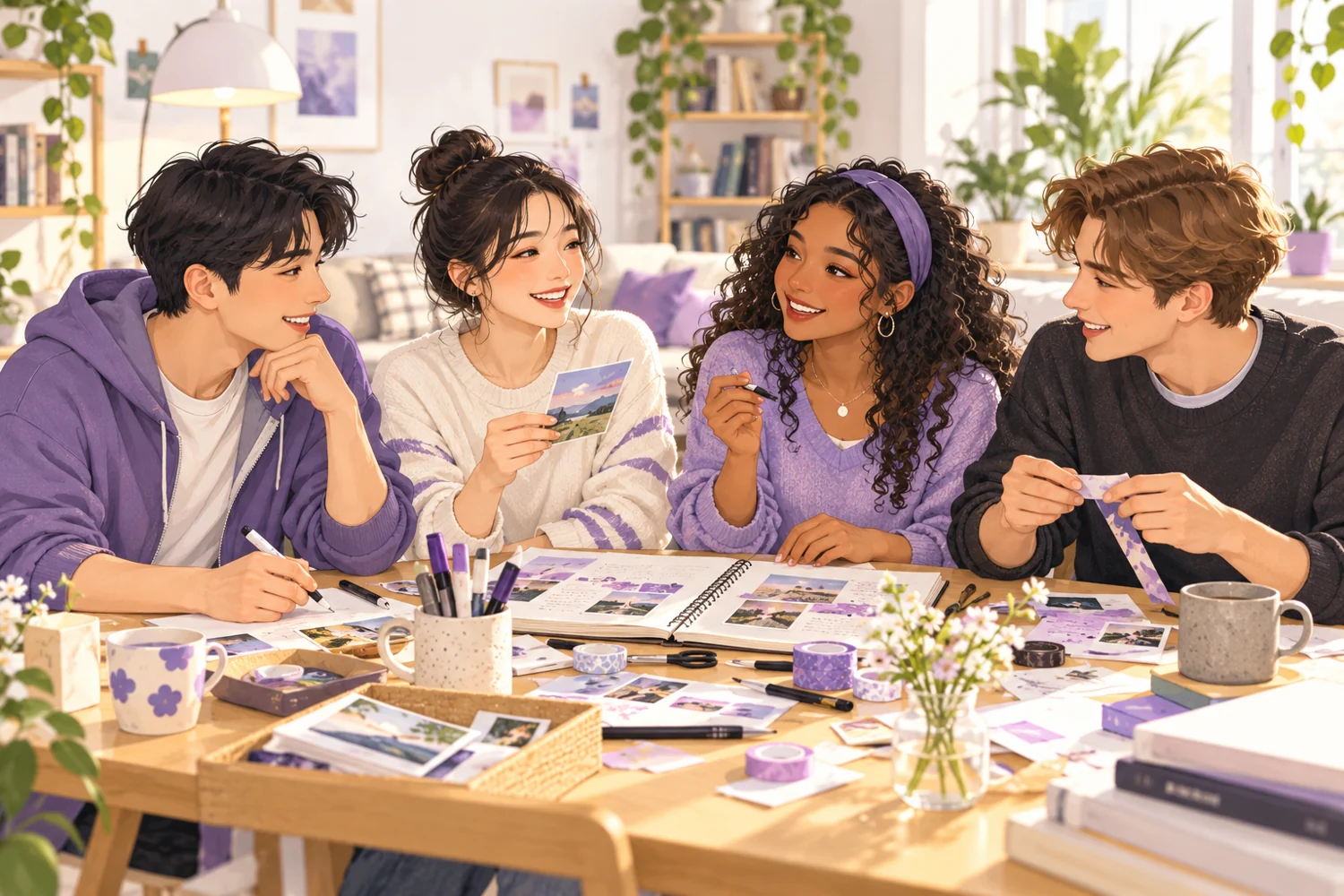 AI-generated illustration of four fictional university-age adults sharing a tabletop creative activity in a generic common room.