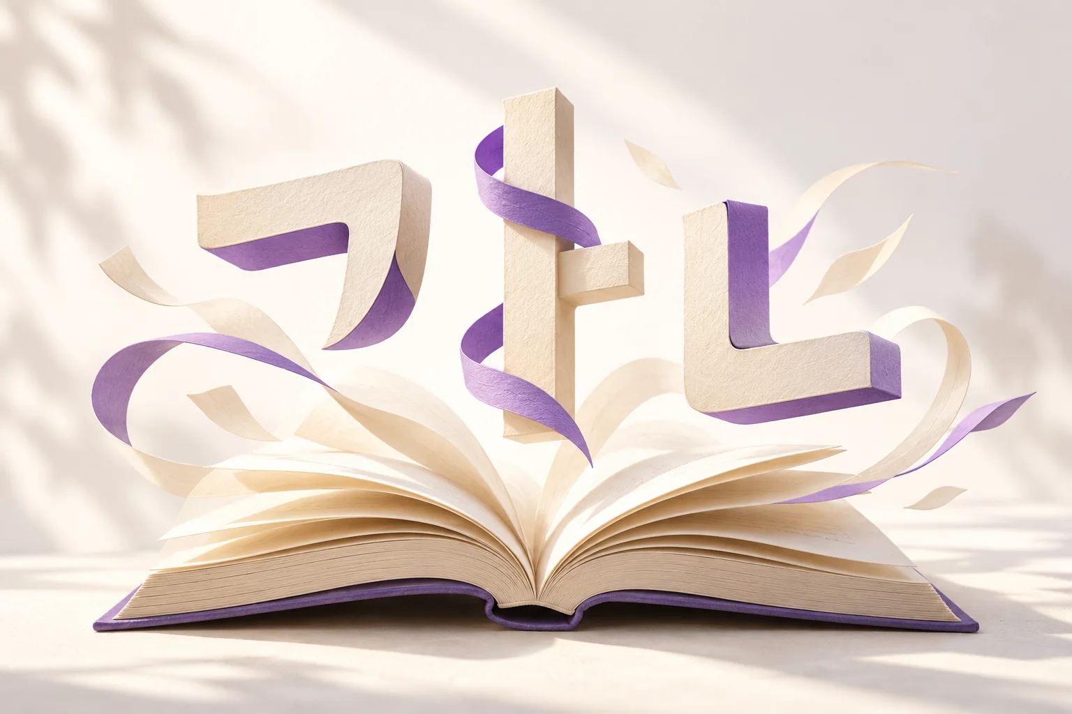 AI-generated paper-sculpture illustration of three Hangeul letters floating above an open book.