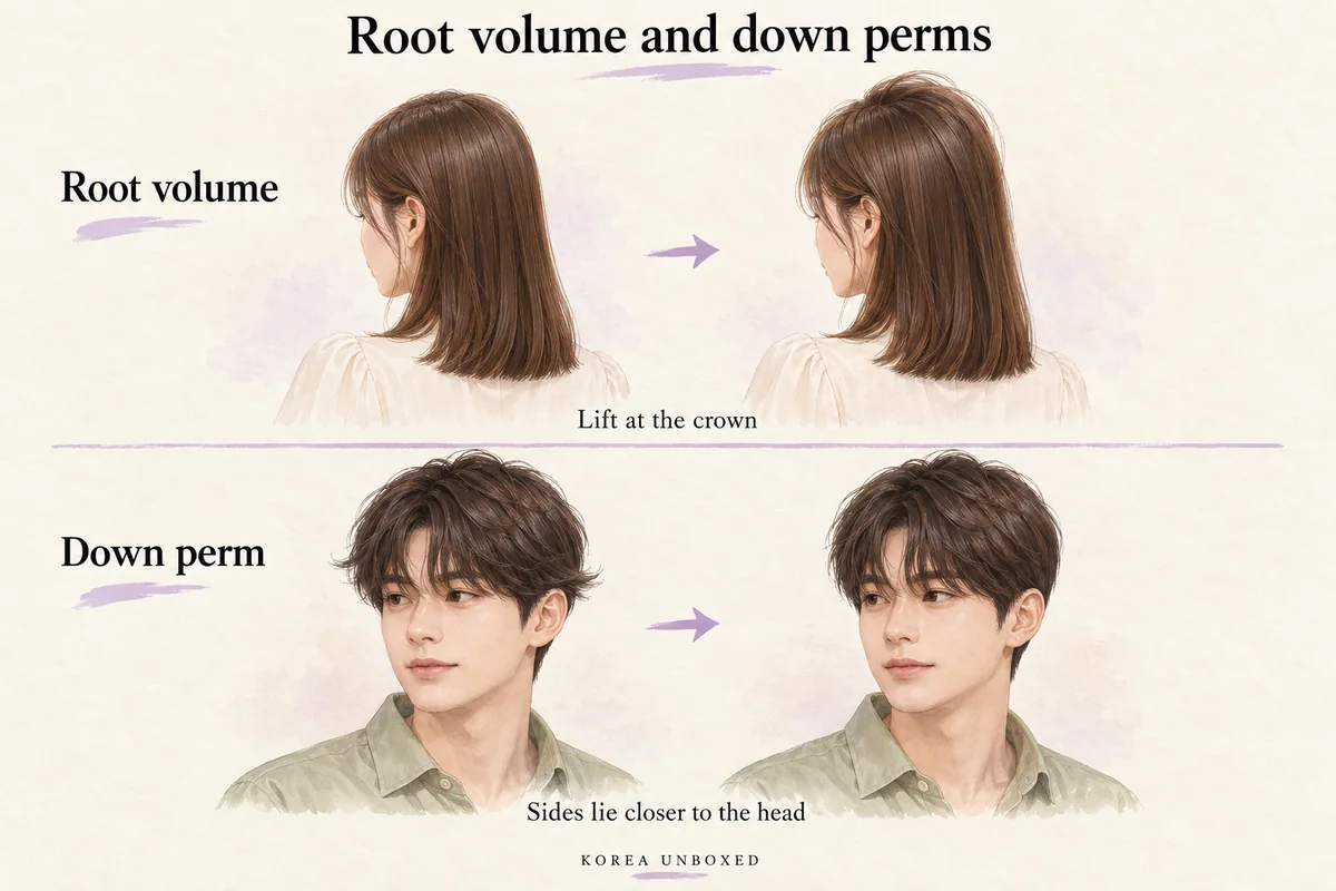 AI-generated illustration showing lift at the crown for root volume and side hair lying closer to the head for a down perm.
