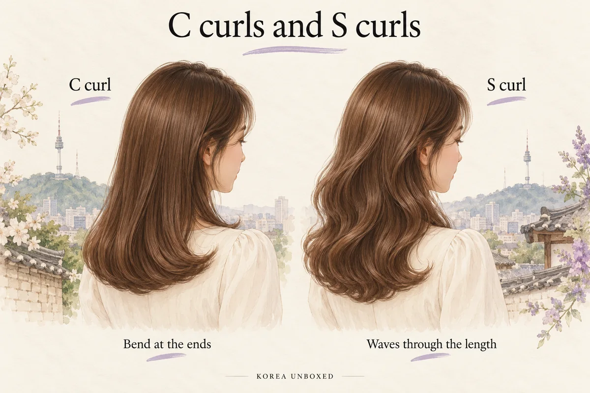 AI-generated illustration comparing hair with a C-shaped bend at the ends and S-shaped waves through the length.