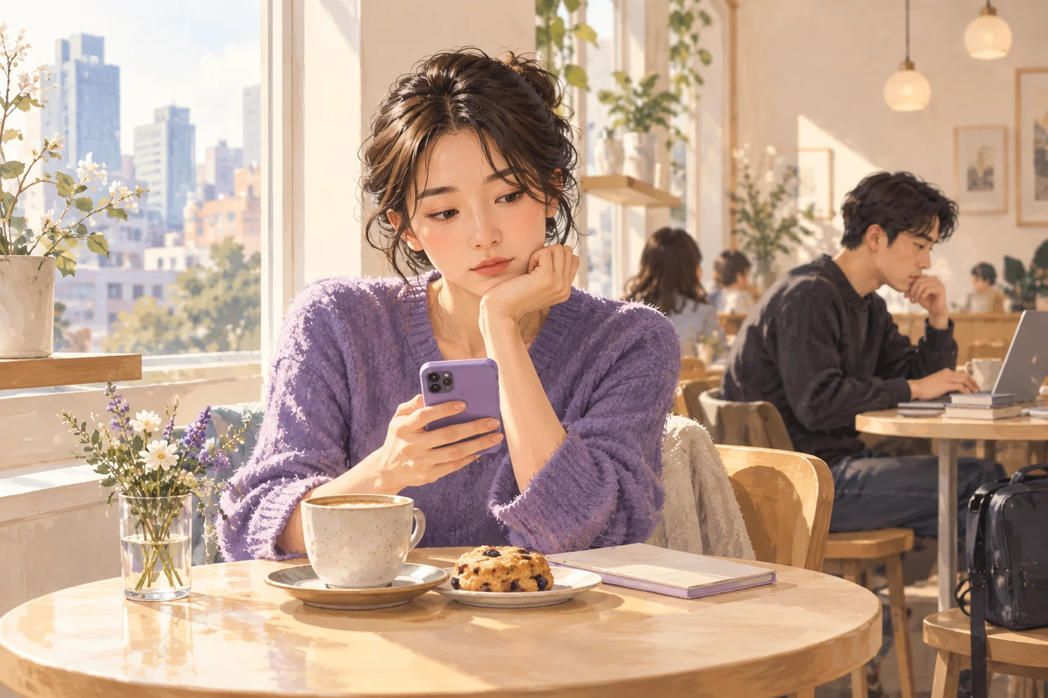 AI-generated conceptual illustration of a person checking a phone in a warm Seoul cafe, with another person working nearby.