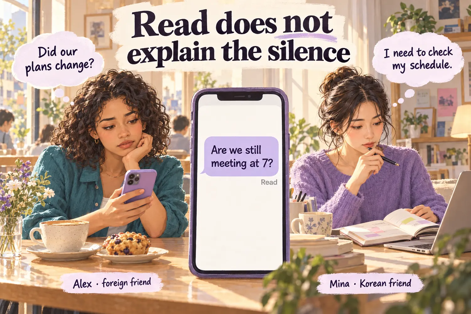 Two fictional friends text from different places. Alex wonders whether dinner plans changed while Mina thinks about checking her schedule; a generic phone shows a read message.