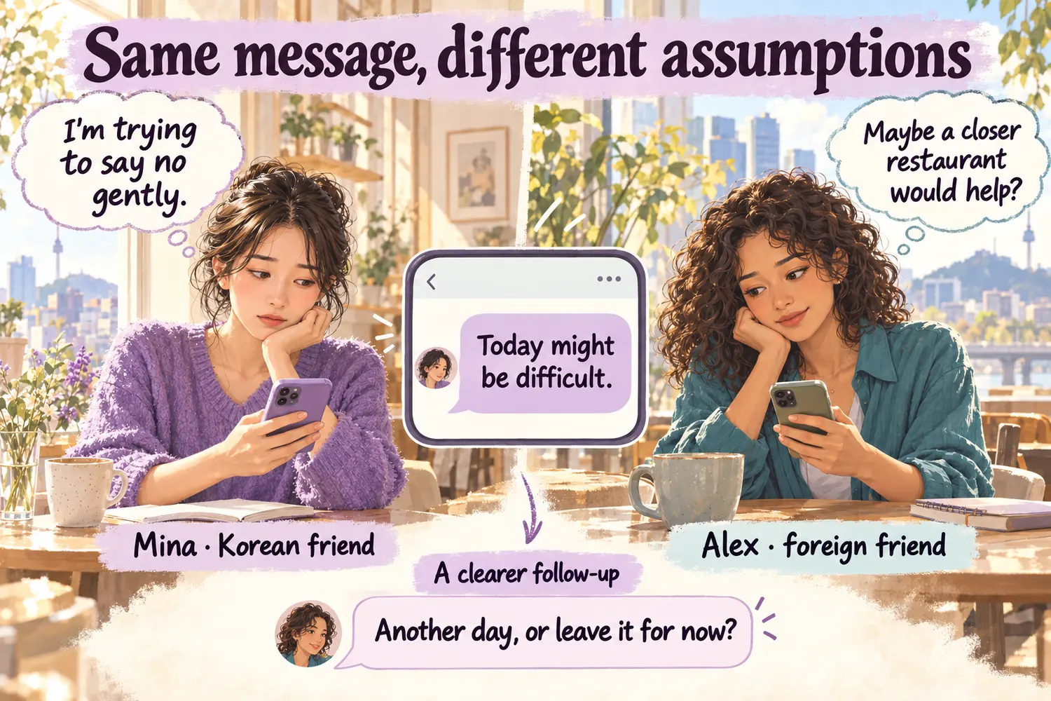 Mina texts Today might be difficult and thinks she is declining gently; Alex considers a closer restaurant. A follow-up asks whether to choose another day or leave it for now.