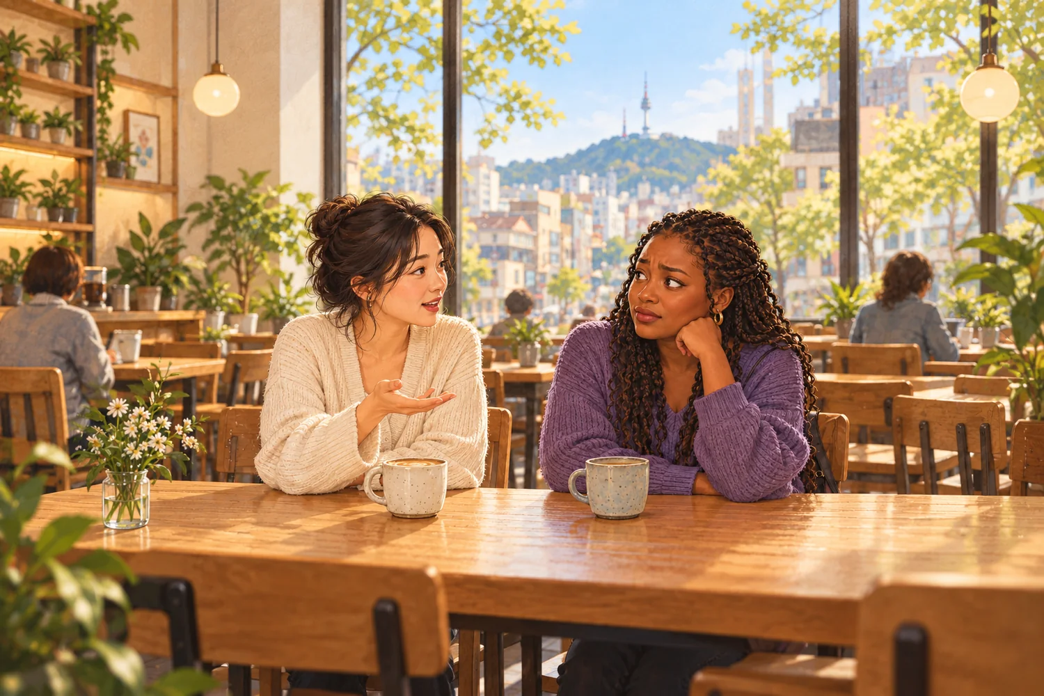 AI-generated illustration of two friends in a Seoul cafe, one speaking while the other looks surprised and uncomfortable.