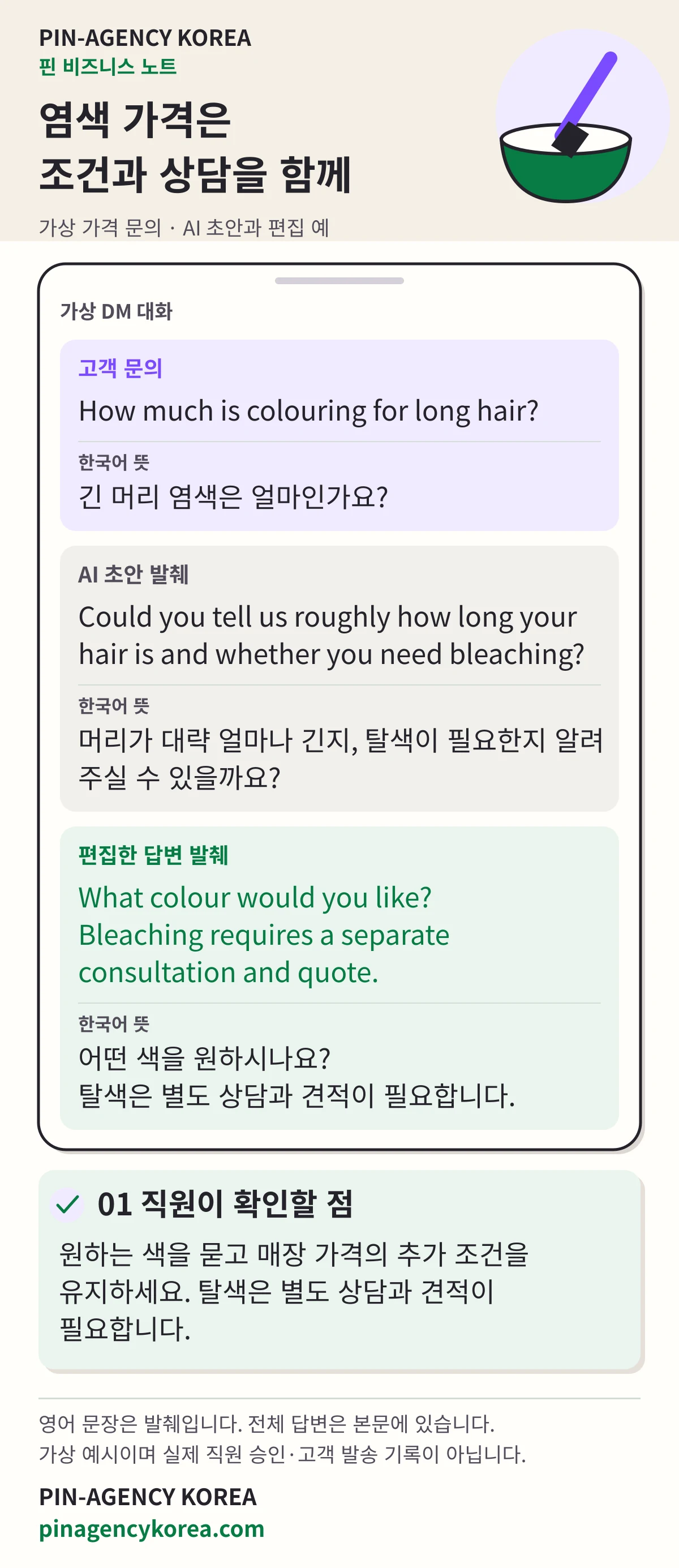 PIN-AGENCY KOREA의 가상 염색 가격 문의 비교. 영어와 한국어 뜻으로 원하는 색과 탈색의 별도 상담 및 견적 조건을 확인합니다.