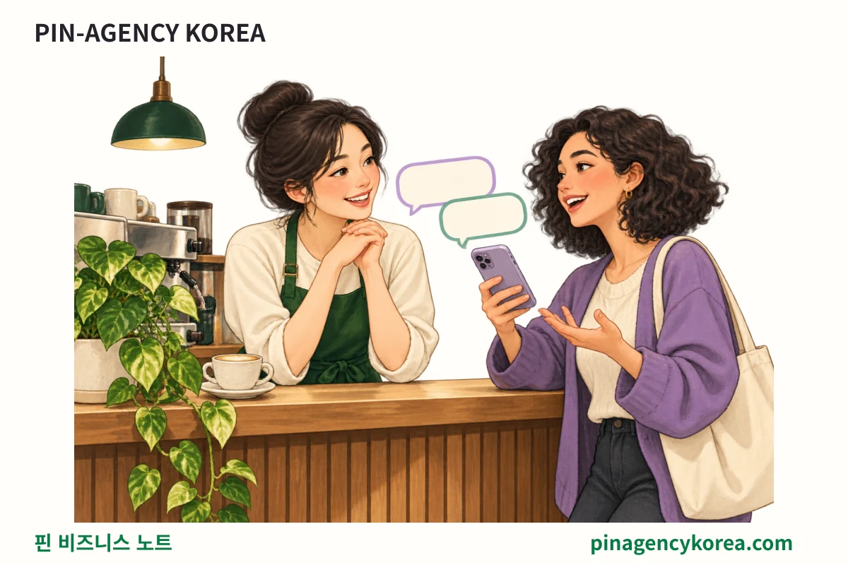 카페 방문 후 휴대전화를 든 고객과 매장 직원이 대화하는 PIN-AGENCY KOREA 브랜드의 AI 생성 일러스트
