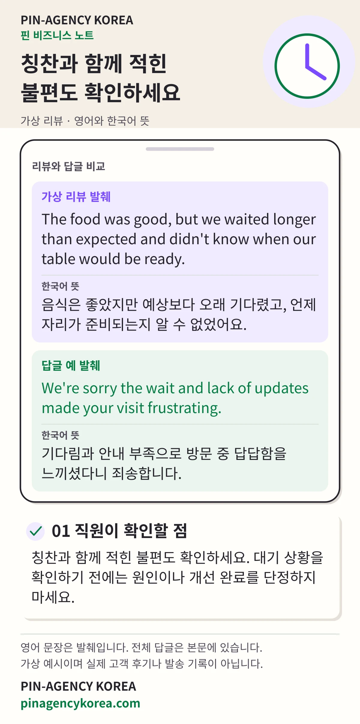 PIN-AGENCY KOREA의 가상 혼합 평가 리뷰와 답글 비교. 영어와 한국어 뜻으로 대기와 안내 부족에 대한 불편도 확인하는 방법을 보여줍니다.