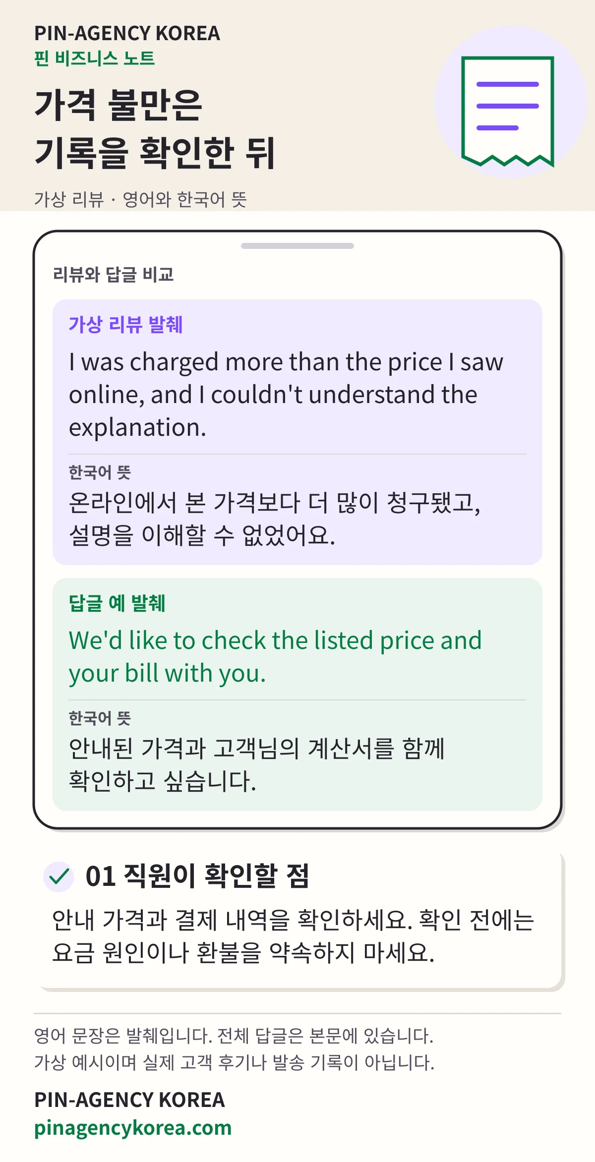 PIN-AGENCY KOREA의 가상 가격 불만 리뷰와 답글 비교. 영어와 한국어 뜻으로 안내 가격과 결제 내역을 확인할 방법을 보여줍니다.