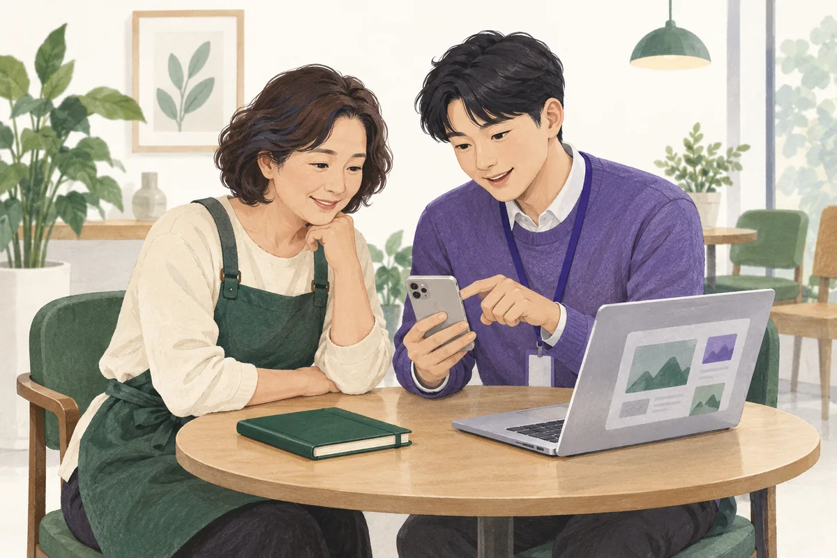 상인과 교육 담당자가 스마트폰과 노트북으로 계정 운영을 살펴보는 모습을 표현한 AI 일러스트