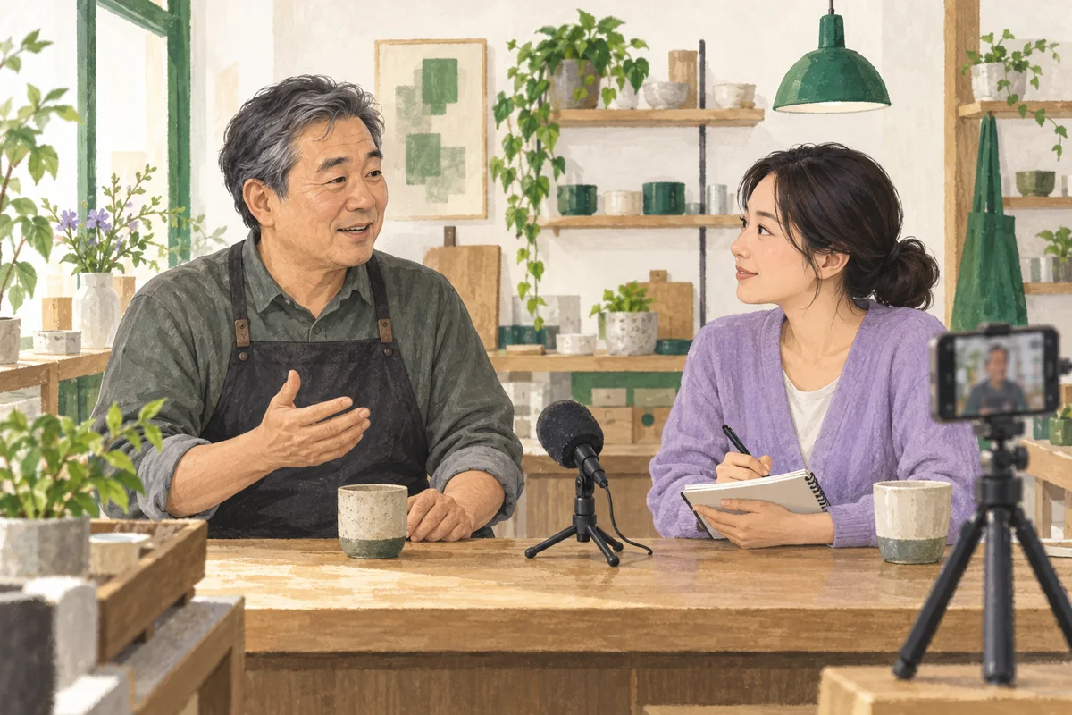 상인이 인터뷰어와 이야기하고 마이크와 카메라로 기록하는 모습을 표현한 AI 일러스트