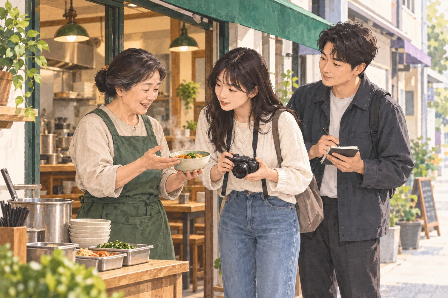 가상의 음식점에서 상인이 음식을 보여 주고 콘텐츠 제작자가 촬영을 준비하는 모습을 그린 AI 일러스트