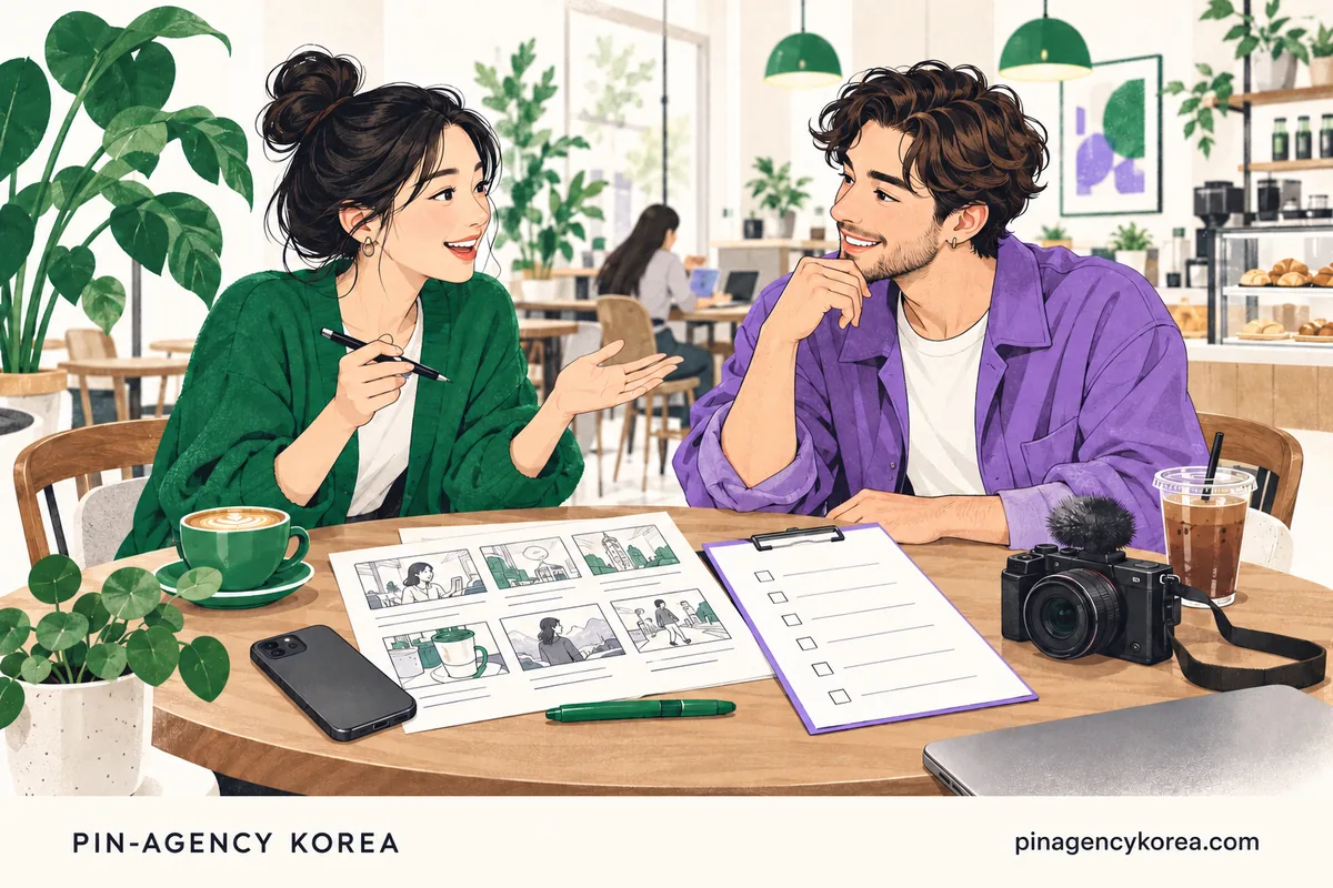 촬영 전에 스토리보드와 확인표를 함께 살펴보는 한국 사업자와 외국인 크리에이터의 PIN-AGENCY KOREA 브랜드 AI 생성 일러스트