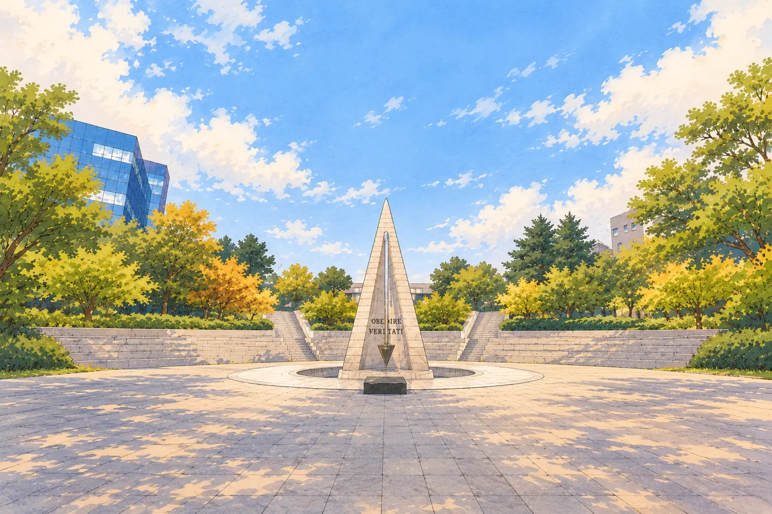 AI-generated illustration of Sogang University’s Albatross Tower and surrounding campus, based on a real campus photograph by 알로스 (CC0).