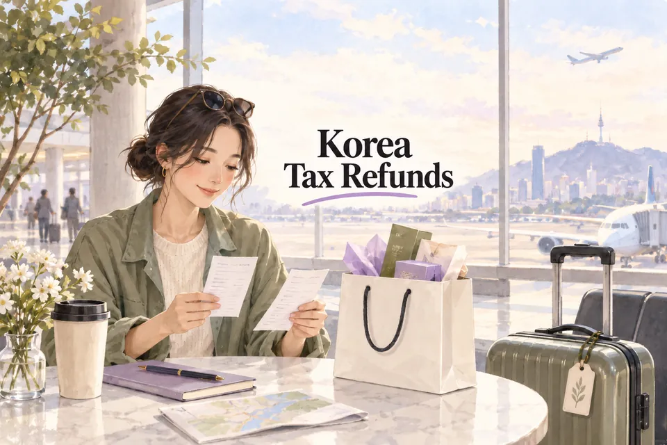 AI-generated watercolor illustration of a fictional traveler organizing sample receipts, shopping purchases and a suitcase in an imagined departure hall.