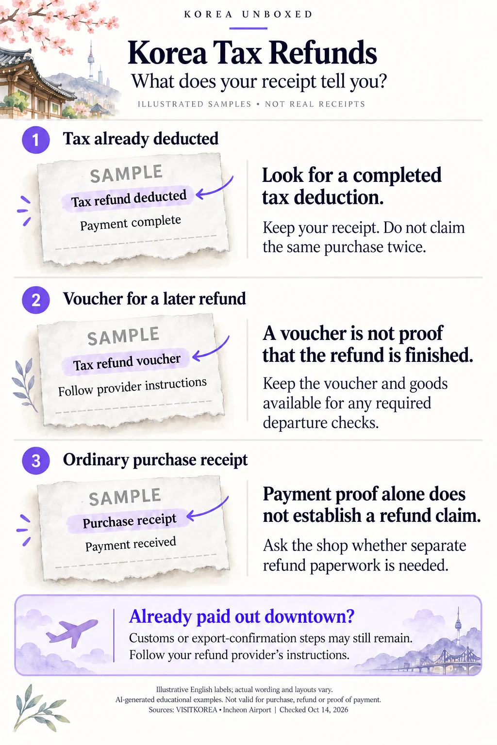 AI-generated teaching graphic comparing a completed checkout tax deduction, a later-refund voucher and an ordinary purchase receipt, each clearly marked SAMPLE.