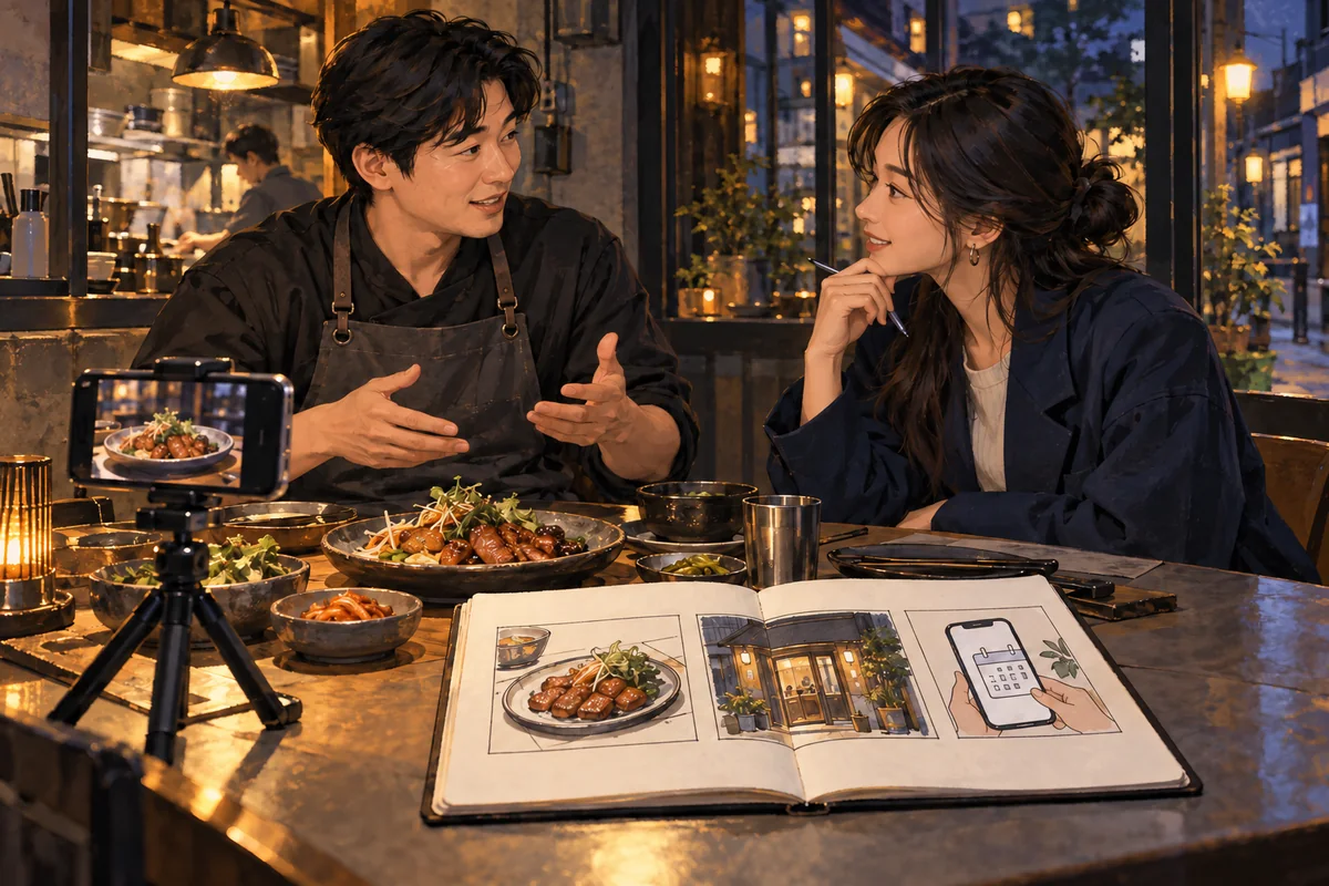AI illustration of a Seoul restaurant owner and creator planning food, entrance and booking shots before filming dinner.