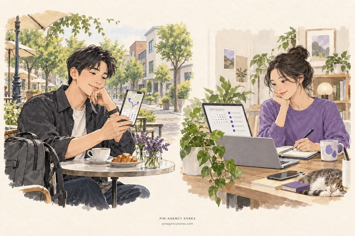 카페에서 스마트폰을 보는 사람과 집에서 노트북으로 작업하는 사람을 나란히 표현한 AI 생성 일러스트