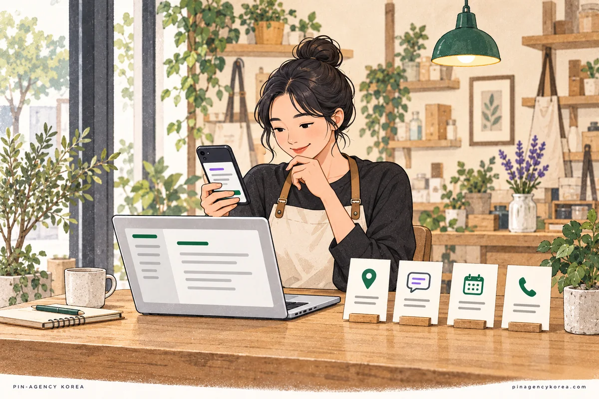 휴대전화의 답변을 노트북의 업체 정보와 대조하는 사업자를 그린 AI 제작 일러스트.